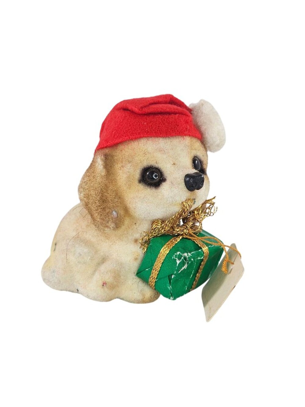Josef Originals Flocked Puppy Dog Holding Christmas Present Figurine 3" Vintage